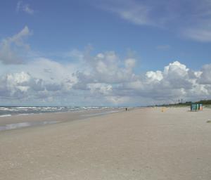 Una playa con gente caminando sobre la arena y el océano. en Concert Hall, en Liepāja