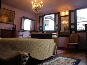 a bedroom with a dog standing next to a bed at The Old Palace Tower / La Torre del Palación in Cudillero