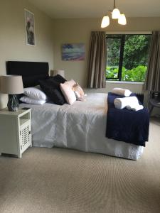 una camera da letto con letto, cuscini e finestra di Cherrywood Cottage ad Akaroa