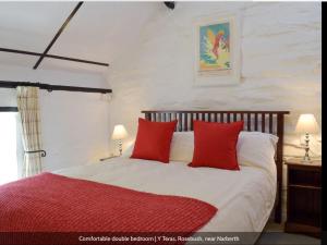 ClynderwenにあるY Terasのベッドルーム1室(大型ベッド1台、赤い枕付)