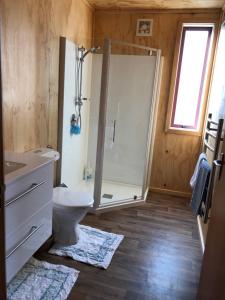 a bathroom with a shower and a toilet and a sink at Mount Cook Station Shearers Quarters Lodge in Lake Tekapo