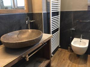 a bathroom with a large stone sink and a toilet at Ski Holidays Apartments in Livigno