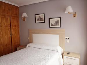 a bedroom with a bed, desk, and lamp at Don Diego in Ávila