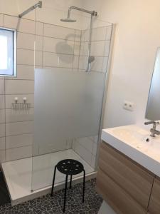 een badkamer met een douche en een kruk naast een wastafel bij Ô Spa Ren in Spa