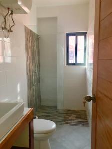 a bathroom with a shower and a toilet and a sink at Surfzone Beachside Apartments in Santa Maria