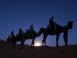 a group of people riding on camels in the desert at Merzouga Camp and Hostel in Merzouga
