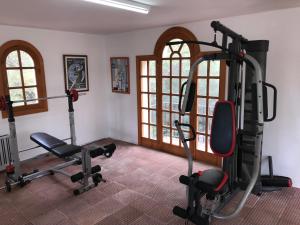 una habitación con un gimnasio con dos máquinas de correr en Villa Candela En La Colina, en Benahavís
