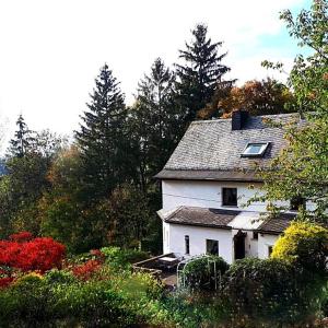 a white house sitting in the middle of a forest at Green Corner Nürburg in Nürburg