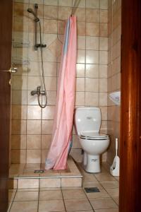 y baño con ducha, aseo y cortina de ducha. en Seaview, en Agios Georgios
