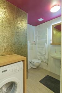 a bathroom with a washing machine and a toilet at City Centre Apartments in Ljubljana