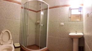 a bathroom with a shower and a toilet and a sink at Hostal Cactus in Cusco