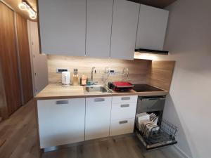 uma cozinha com armários brancos e um lavatório em Studio Apartment Jež em Bovec