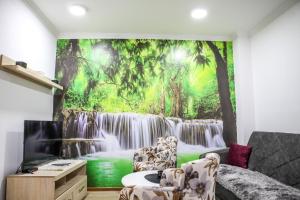 ツェティニェにあるApartman Kaćaのリビングルーム(滝壁画付)
