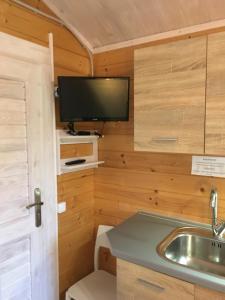 a small kitchen with a sink and a tv on the wall at Vila Renata Laure in Palanga +120 photos