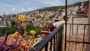 a view of a city from a balcony with flowers at Hotel Stambolov in Veliko Tŭrnovo