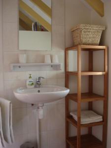 uma casa de banho com lavatório, espelho e prateleiras em 't Kruushuus em Welsum