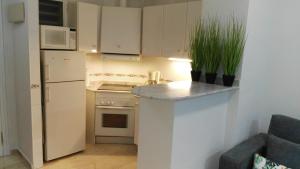 une cuisine avec des armoires blanches et un comptoir avec des plantes dans l'établissement Azul Rentals Albir flat, à Albir