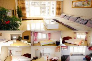 eine Collage mit vier Bildern eines Wohnzimmers in der Unterkunft Beidaihe Haizhilian Holiday Apartment in Qinhuangdao