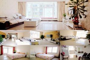 eine Collage mit zwei Bildern eines Wohnzimmers in der Unterkunft Beidaihe Haizhilian Holiday Apartment in Qinhuangdao