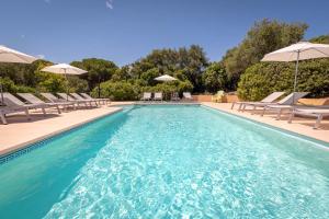 - une piscine avec des chaises longues et des parasols dans l'établissement Hotel Cala di l'Oru, à LʼÎle-Rousse