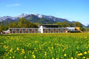 a building in the middle of a field of flowers at Hotel Spirodom in Admont