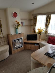 a living room with a couch and a fireplace at Caravan Willerby Rio in Looe