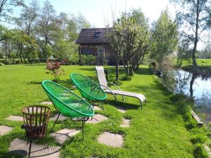 a group of chairs sitting on the grass near a pond at Huisje Beukers in Giethoorn