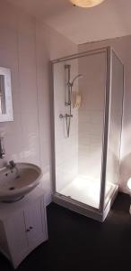 a bathroom with a shower and a sink at Oakville Apartments in Blackpool