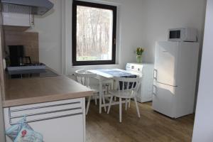 uma cozinha com um frigorífico branco e uma mesa com cadeiras em Villa Waldheim - WG 3 em Boltenhagen