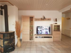 un salon avec une télévision et une cheminée dans l'établissement Apartement-Gîte rural à 3 km de Delémont, à Courcelon