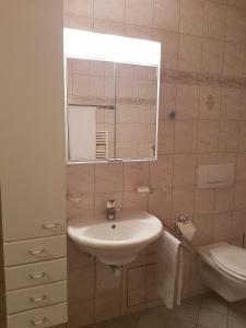 a bathroom with a sink and a toilet and a mirror at Apartement-Gîte rural à 3 km de Delémont in Courcelon +6 photos