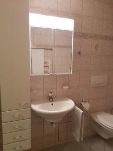 a bathroom with a sink and a toilet and a mirror at Apartement-Gîte rural à 3 km de Delémont in Courcelon