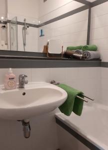 La salle de bains est pourvue d'un lavabo et d'une serviette verte. dans l'établissement Bergblick-Braunlage, à Braunlage
