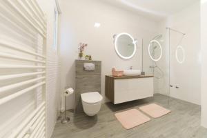 uma casa de banho com WC, lavatório e espelhos em Apartmani Carmen em Bibinje