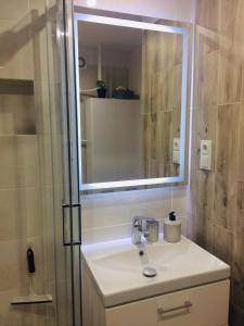 a bathroom with a sink and a mirror at Apartament Adrianna in Iława