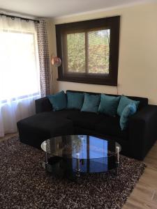 sala de estar con sofá negro y mesa de centro de cristal en Los Pinos de Quilvo, en Romeral