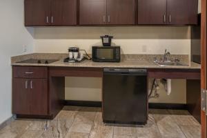 a kitchen with a counter with a microwave and a dishwasher at Cobblestone Inn & Suites - Menomonie/UW-Stout in Menomonie