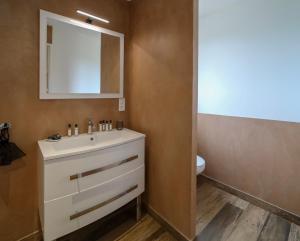 a bathroom with a sink and a mirror and a toilet at Hôtel confidentiel Le Grecale in Pianottoli-Caldarello
