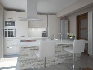 a kitchen with white counters and white appliances at Vila Lily in Smederevo