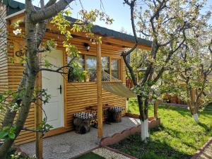 uma cabana de madeira com uma rede de descanso no quintal em Relax Eaza - Casa cu Hamac em Constança