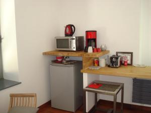 Laiz的住宿－拉尚布里杜梅尼爾住宿加早餐旅館，一个带台面和架子上微波炉的厨房