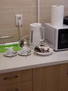 un piano di lavoro della cucina con due piatti e un microonde di Focus Home a Miercurea-Ciuc