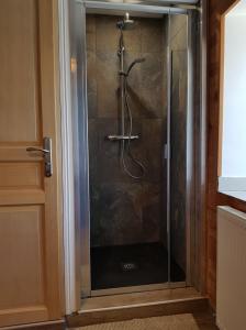 a shower with a glass door in a bathroom at Chambre d'hôtes aux Pays des Sucs in Saint-Hostien