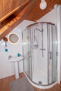 een badkamer met een douche en een wastafel bij Dunmanus View in Durrus