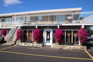 un bâtiment avec des fleurs roses devant lui dans l'établissement Plaza Motel, à Penticton