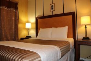 a hotel room with a large bed with two lamps at Plaza Motel in Penticton