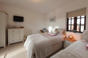 a bedroom with two beds and a tv on the wall at Conwy Pen Cefn Farm Holiday in Abergele