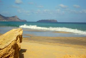a sandy beach with waves in the ocean at Cantinho Solpraia in Porto Santo