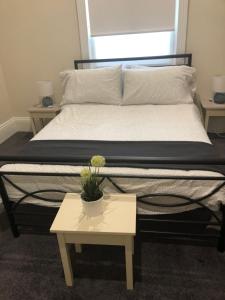 a bed with a black frame and a table with a plant on it at Olive's Cottage in Mount Gambier
