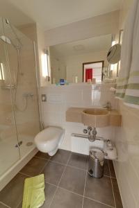 a bathroom with a toilet and a sink and a shower at Hotel Waldparkstube in Bad Schonborn